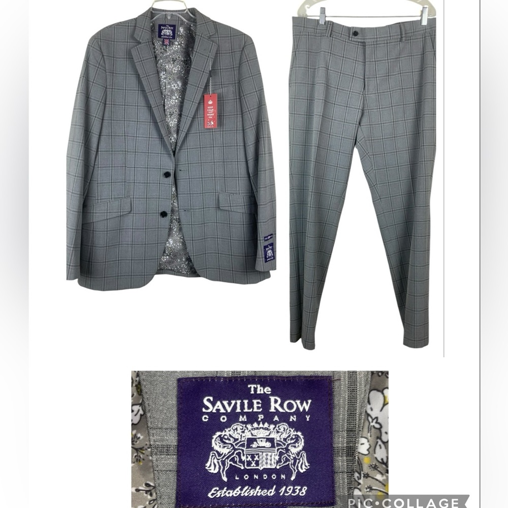 NWT The Savile Row Company Plaid Suit  Gray Plaid Hoxton Brit Slim Size 40 L